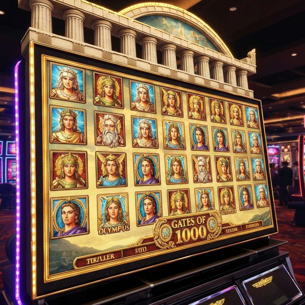 Gates of Olympus 1000 Sala casinò piena di slot machine e giocatori